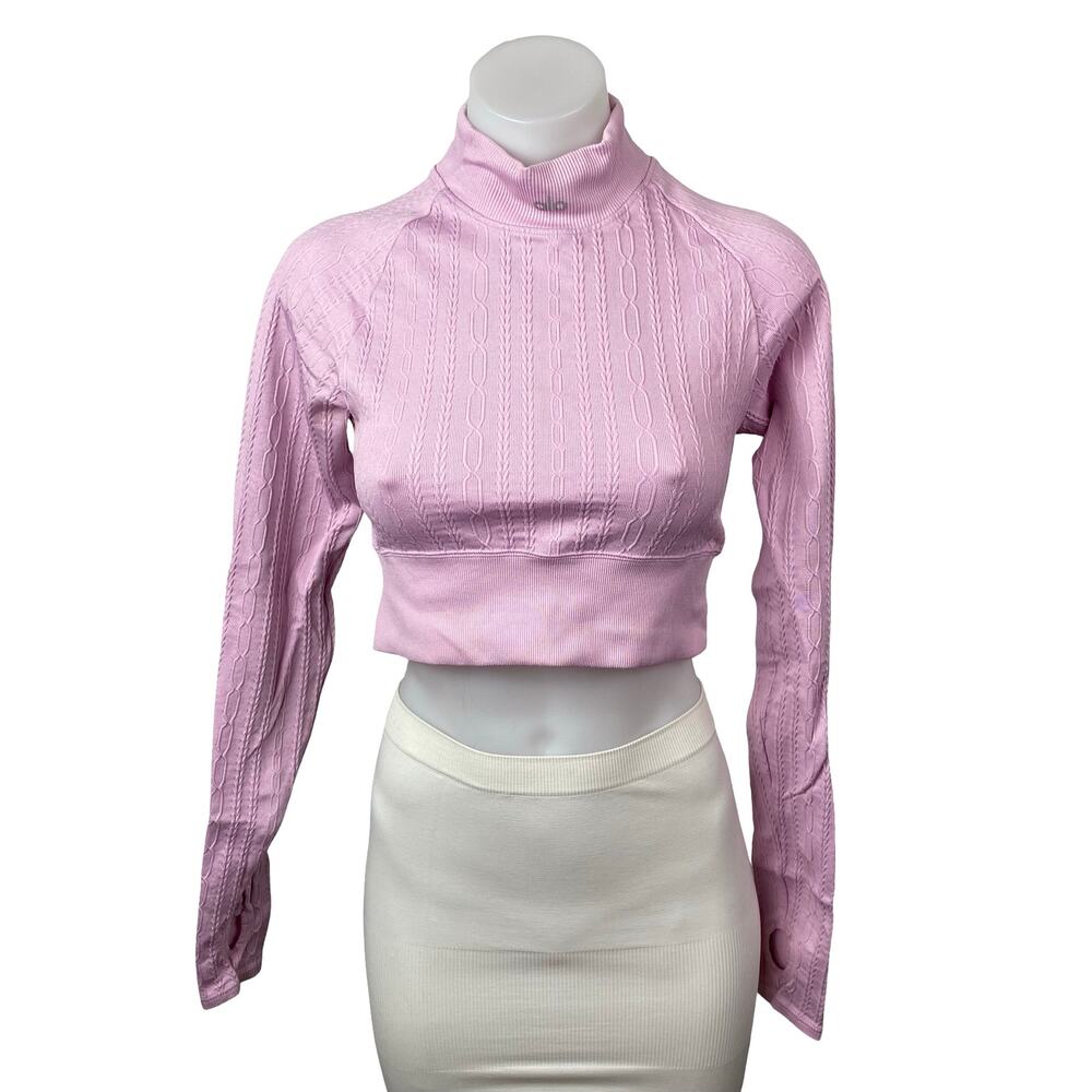 Alo Yoga Seamless Pink Cable Knit Mock Neck Long Sleeve Athletic Crop Top Sz S